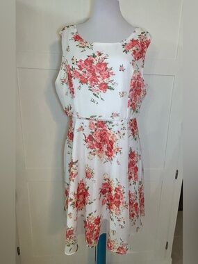 White Floral Fit-and-Flare Dress with Pink Roses XXL